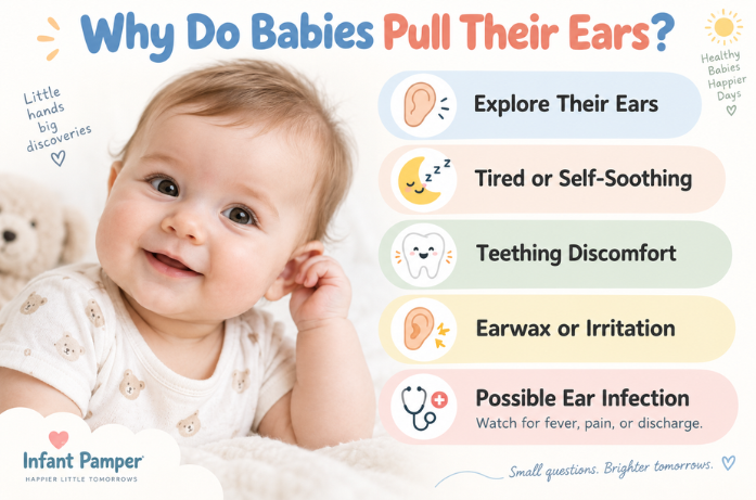 Baby Ear Pulling Autism: Signs, Causes & When to Worry   Written by a Caring Mom at Infant Pamper If you searched baby ear pulling autism, you may have noticed your baby repeatedly tugging, rubbing, or touching one or both ears and started wondering whether it could be a developmental sign. Ear pulling can look worrying, especially when it happens often, but on its own it is not considered a sign of autism. Babies commonly touch their ears because they are exploring their body, feeling tired, self-soothing, teething, dealing with earwax or skin irritation, or sometimes experiencing an ear infection. The more useful clues are what happens alongside the behavior, such as fever, pain, poor feeding, sleep changes, or signs of discomfort. If autism is a concern, look at your baby’s overall development rather than one habit. Social interaction, response to their name, eye contact, gestures, communication, play, sensory reactions, and whether they continue gaining new skills give a much clearer picture. Baby Ear Pulling Autism: Is Ear Pulling Really a Sign? Ear pulling alone cannot tell you whether a baby has autism. Autism involves broader differences in social communication, interaction, behavior, and sensory responses. One repeated movement is not enough to make that conclusion. A baby who rubs an ear before sleep but otherwise smiles, babbles, plays, and interacts normally is very different from a child showing several ongoing developmental differences. So try not to give one small habit more meaning than it deserves.   Why Do Babies Pull Their Ears? There are several possible reasons, and most are much more common than autism. Research published in Auris Nasus Larynx and indexed by PubMed looked at 102 infants brought in for ear pulling, rubbing, or similar behaviors.  Nearly half had a normal ear examination, while earwax and middle-ear fluid were also common findings, showing why ear pulling alone cannot tell parents exactly what is causing the behavior. 1. They Have Discovered Their Ears Babies love exploring their own bodies. Once they realize their hands can reach their ears, those little ears may become something interesting to grab, rub, or twist. If your baby is happy while doing it and shows no signs of pain or illness, simple exploration may be the reason. 2. They May Be Tired or Self-Soothing Some babies develop comfort habits when they are sleepy or relaxed. One baby sucks a thumb. Another rubs a blanket. Some rub or pull an ear while feeding, cuddling, or falling asleep. If the behavior mostly happens around naps or bedtime and your baby seems comfortable, it may simply be soothing. 3. Teething Can Cause Discomfort Around the Ear Teething discomfort can sometimes spread around the gums, jaw, cheek, and nearby ear area. A baby cannot always tell where the feeling is coming from, so they may rub their cheek or tug an ear. Look for other teething signs such as drooling, chewing, or sore-looking gums. Do not automatically blame high fever or obvious illness on teething, though. Those symptoms may have another cause. 4. Earwax or Skin Irritation May Be Bothering Them Sometimes the ear simply feels itchy. Earwax, soap, shampoo, or dry skin can make a baby rub around the outer ear. Avoid putting cotton swabs inside the ear canal because they can push wax farther in. If you notice redness, swelling, discharge, or ongoing irritation, ask your pediatrician to check it. 5. Your Baby Could Have an Ear Infection Ear pulling can happen with an ear infection, but it does not prove one is present. Look for other symptoms such as: •	Increased crying •	Trouble sleeping •	Fever •	Poor feeding •	Reduced appetite •	Ear pain •	Fluid or discharge •	Changes in hearing or responsiveness A doctor usually needs to look inside the ear to confirm an infection. When Ear Pulling Is Usually Harmless Ear pulling is generally less concerning when your baby: •	Seems happy and comfortable •	Eats normally •	Has no fever •	Has no ear discharge •	Is not crying in pain •	Sleeps normally for them •	Plays and interacts normally •	Mostly touches the ear when tired or relaxed Sometimes you may notice a pattern. Maybe your baby rubs an ear just before every nap. Once you see that pattern, it may feel more like a sleepy cue than a warning sign. When Ear Pulling Needs More Attention Ear pulling becomes more important when it appears with pain or illness. Contact your pediatrician if your baby develops fever, unusual crying, poor feeding, disturbed sleep, ear drainage, or seems uncomfortable.  According to Seattle Children’s, most ear pulling between about 4 and 12 months is normal, especially when there is no pain or crying. They recommend medical advice when ear rubbing comes with symptoms such as fever, pain, sleep disturbance, cold symptoms, or ear drainage. Also ask for medical advice if your baby keeps digging at one ear for several days or if something simply does not feel right to you. You do not need to know the exact cause before calling. Could Ear Pulling Be a Sensory Behavior? Yes, sometimes. Children with autism can have unusual responses to sound, touch, or other sensory input. Some may cover, rub, or touch their ears because certain sounds feel overwhelming or because the pressure feels calming. But this is important: Sensory behavior does not automatically mean autism. Children who are not autistic can also dislike loud sounds, repeat comforting movements, or rub their ears when tired. So instead of asking only, “Does my baby pull their ears?” it is more useful to ask, “Are there other developmental differences too?” Ear Pulling vs Covering the Ears These behaviors can mean different things. A baby gently pulling or rubbing the outer ear may be exploring, soothing themselves, teething, itchy, or uncomfortable. Covering both ears in response to a loud vacuum, blender, siren, or crowded room may be more connected to sound sensitivity. Even then, occasional dislike of loud noise is common. It becomes more meaningful when the reaction is very strong, happens often, or appears with other sensory or developmental concerns. What Other Autism Signs Should Parents Watch For? If autism is a concern, ear pulling should not be the main thing you watch. Pay more attention to how your baby communicates, responds, plays, and interacts. The American Academy of Pediatrics  explains that early autism differences are often seen in areas such as joint attention, gestures, social interaction, and language development. These broader patterns are much more meaningful than one isolated behavior such as touching an ear. Possible developmental signs can include: •	Limited or inconsistent eye contact •	Not responding to their name as expected •	Using few gestures •	Limited social interaction •	Delayed communication •	Repetitive movements or play •	Strong distress around changes •	Unusual reactions to sounds, textures, or touch Not every autistic child shows the same signs, and children without autism may show some of these behaviors occasionally. That is why one isolated habit tells you very little. What If My Baby Pulls Their Ear While Feeding? This can happen for several reasons. Your baby's ear may simply be easy to reach while nursing or taking a bottle. The rubbing may also be soothing. But ear pain can sometimes feel worse during feeding because sucking and swallowing change pressure in the middle ear. If your baby suddenly cries during feeds, refuses feeds, or seems painful while pulling one ear, ask your pediatrician to take a look. When Repetitive Ear Touching Needs More Attention Even if ear touching is a soothing or sensory behavior, it does not always need to be stopped. The bigger question is whether it causes harm or gets in the way of daily life. Consider professional guidance if the behavior: •	Causes broken skin •	Becomes suddenly much stronger •	Interrupts sleep or feeding •	Regularly interferes with play •	Causes obvious distress •	Appears with wider developmental concerns The goal is not simply to stop the behavior. It is to understand why it is happening. Don't Label Every Repetitive Behavior as Stimming The word stimming is often used when talking about autism, but not every repeated movement a baby makes should be given that label. Babies naturally repeat actions as they learn about their bodies and surroundings. Kicking, rocking, clapping, rubbing their face, grabbing their feet, or pulling their ears can all be part of normal exploration and development. If you notice repetitive behavior along with other concerns about communication, social interaction, or development, it is better to discuss the overall pattern with your pediatrician rather than trying to interpret one movement on its own.   What Parents Can Do at Home If your baby seems comfortable, keep things simple. Watch the Pattern Notice whether ear pulling is connected to sleep, feeding, teething, noise, or illness. Keep the Ear Area Gentle Avoid putting cotton swabs or other objects inside the ear. Keep Nails Short This helps prevent scratches if your baby rubs their ears often. Reduce Loud Noise if Needed If your child clearly covers their ears around strong sounds, move to a quieter place when possible. Write Down Developmental Concerns If something beyond ear pulling worries you, note a few examples and discuss them with your pediatrician. Specific examples are often more useful than saying, “Something seems different.” When Should You Ask About Autism? You do not need to wait until your concerns become severe. Talk to your pediatrician if you notice ongoing differences in communication, gestures, eye contact, social interaction, language, play, sensory responses, or repetitive behavior. Also speak up if your child loses a skill they previously had. An evaluation does not automatically mean your child has autism. It simply helps you understand whether development is progressing as expected or whether extra support may be useful. FAQs About Baby Ear Pulling and Autism 1. Is pulling ears a sign of autism in babies? Not by itself. Ear pulling is common in babies and can happen because of exploration, tiredness, teething, irritation, or ear discomfort. 2. Why does my baby keep rubbing their ears? Common reasons include discovering their ears, self-soothing, tiredness, earwax, irritation, teething, or an ear infection. 3. Does an ear infection always cause ear pulling? No. Some babies with ear infections pull their ears, but many babies without infections do it too. Pain, fever, poor sleep, or drainage make infection more likely. 4. Can sensory issues make a child touch their ears? Yes. Some children touch or cover their ears because certain sounds or sensations feel uncomfortable or because the pressure feels calming. Sensory behavior alone does not diagnose autism. 5. When should I worry about ear pulling? Contact your pediatrician if ear pulling comes with pain, fever, discharge, poor feeding, major sleep changes, unusual distress, or broader developmental concerns. Final Thoughts Searching baby ear pulling autism can make a normal baby habit feel much more frightening than it really is. In many babies, ear pulling has a simple explanation. Your little one may be exploring, tired, teething, soothing themselves, or dealing with temporary ear discomfort. The best approach is to look at the whole child, not one movement. Notice whether your baby seems comfortable, how they feed and sleep, how they interact with you, and whether they continue learning new skills. If ear pulling comes with pain, fever, discharge, poor feeding, or other signs of illness, talk with your pediatrician. And if your concern is about development rather than the ear itself, bring that up too. One small habit does not define your baby. Watching their overall development will always tell you much more. Still have questions about your baby’s behavior or development? Explore more practical, mom-friendly baby care guides on Infant Pamper.  Disclaimer This article is for general informational purposes only and is not a substitute for medical advice, diagnosis, or treatment. Always contact your pediatrician if you are concerned about your baby’s ears, health, behavior, or development.